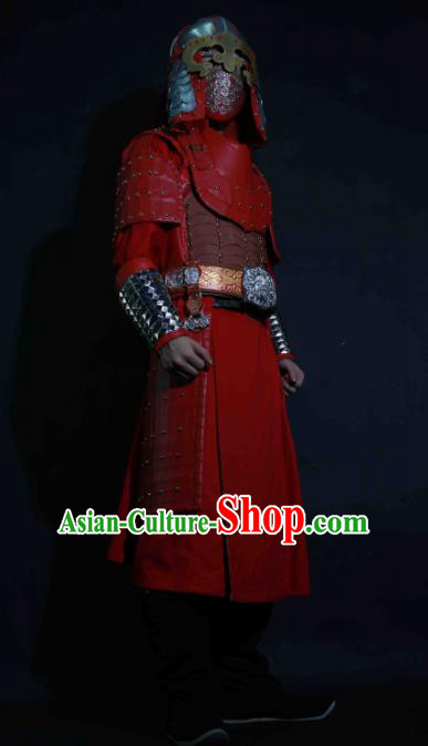 Chinese Traditional Yuan Dynasty General Red Body Armor Ancient Swordsman Costumes for Men