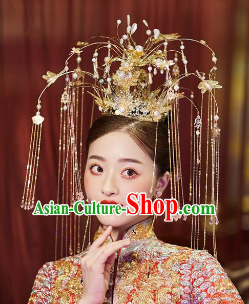 Chinese Traditional Ancient Bride Luxury Golden Tassel Phoenix Coronet Wedding Hair Accessories for Women