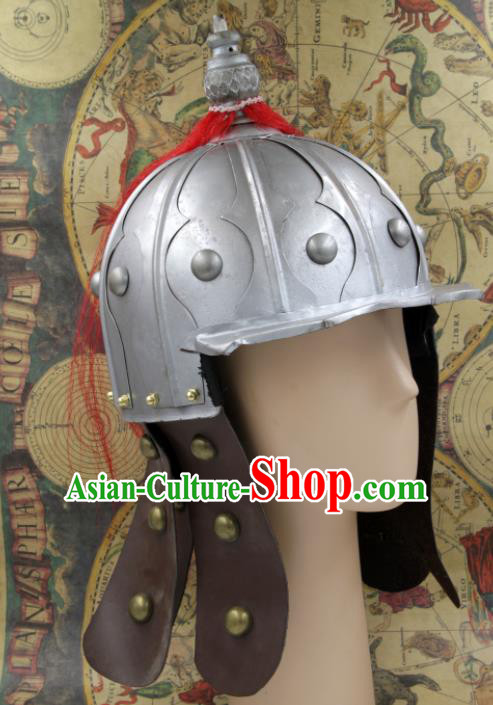 Chinese Traditional Ming Dynasty General Argent Helmet Ancient Soldier Hat Headwear for Men