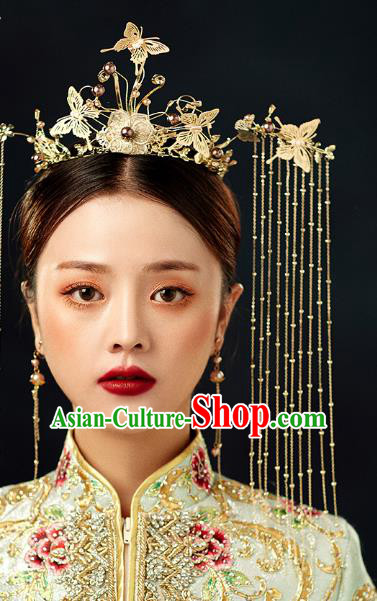 Chinese Wedding Headdress Golden Butterfly Phoenix Coronet Traditional Ancient Bride Hair Accessories for Women