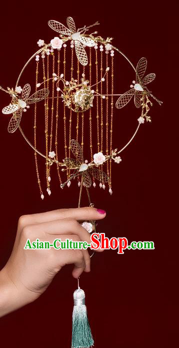 Chinese Traditional Golden Dragonfly Palace Fans Handmade Classical Hanfu Wedding Fan for Women