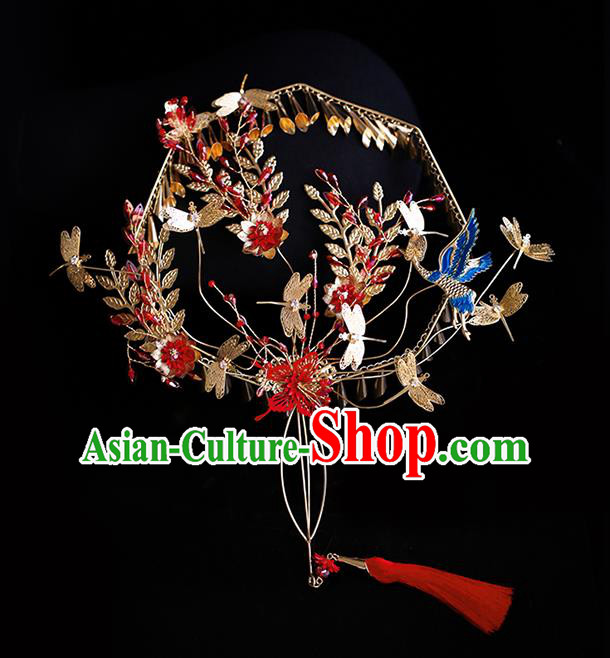 Chinese Traditional Bride Golden Dragonfly Palace Fans Handmade Classical Hanfu Wedding Fan for Women