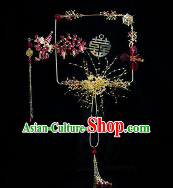 Chinese Traditional Bride Red Phoenix Tassel Palace Fans Handmade Classical Hanfu Wedding Fan for Women