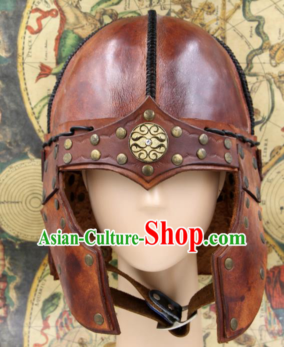 Chinese Traditional Yuan Dynasty General Brown Leather Helmet Ancient Soldier Hat Headwear for Men