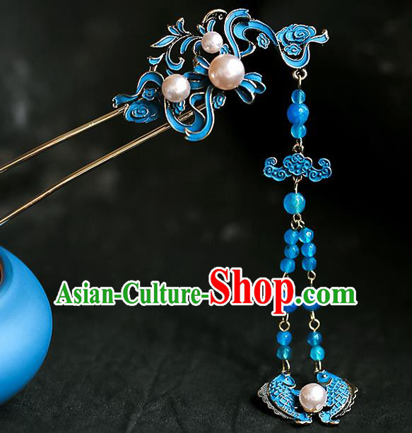 Chinese Ancient Hanfu Blue Fishes Tassel Hairpin Traditional Bride Hair Accessories for Women