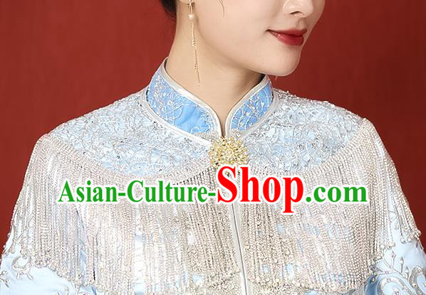 Chinese Ancient Wedding Bride Tassel Blue Shoulder Accessories Traditional Xiuhe Suit Cappa for Women