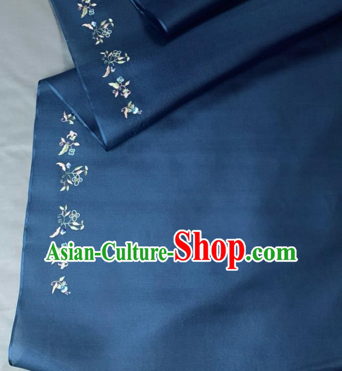Chinese Classical Embroidered Flowers Pattern Design Deep Blue Silk Fabric Asian Traditional Hanfu Material