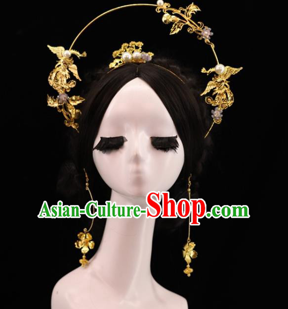 Traditional Chinese Tang Dynasty Golden Crane Pine Hair Crown Headdress Ancient Queen Hair Accessories for Women