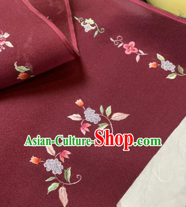Chinese Classical Embroidered Flowers Pattern Design Wine Red Silk Fabric Asian Traditional Hanfu Material