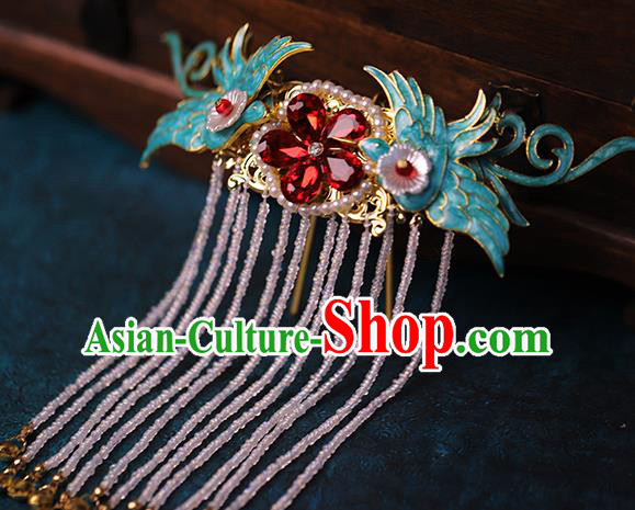 Traditional Chinese Handmade Red Crystal Crane Tassel Hairpin Headdress Ancient Hanfu Hair Accessories for Women