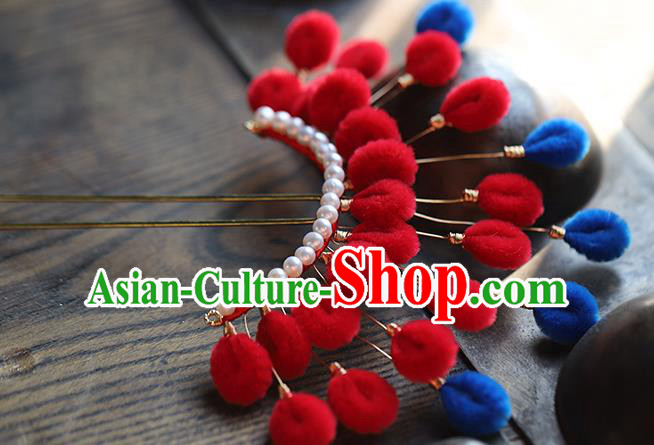 Traditional Chinese Handmade Red Velvet Hairpins Headdress Ancient Hanfu Hair Accessories for Women