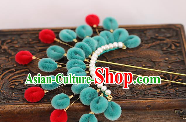 Traditional Chinese Handmade Green Velvet Hairpins Headdress Ancient Hanfu Hair Accessories for Women