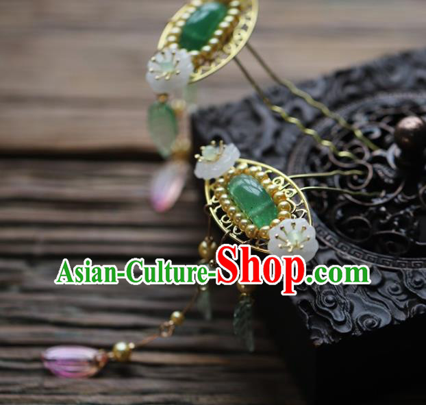 Traditional Chinese Handmade Green Glass Tassel Hairpins Headdress Ancient Hanfu Hair Accessories for Women
