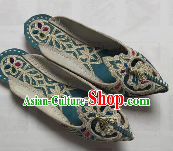 Asian India Traditional Embroidered Blue Slippers Indian Handmade Shoes for Women