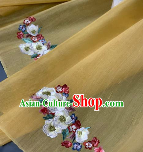 Chinese Classical Embroidered Peach Blossom Pattern Design Yellow Silk Fabric Asian Traditional Hanfu Brocade Material