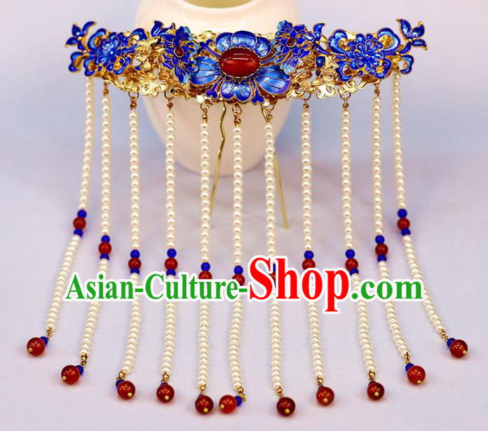 Traditional Chinese Handmade Pearls Tassel Cloisonne Hairpins Headdress Ancient Hanfu Hair Accessories for Women