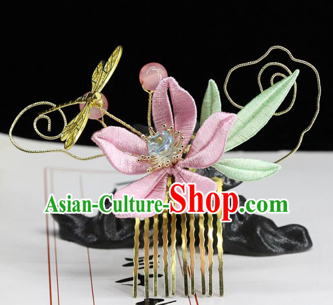 Traditional Chinese Handmade Pink Flower Dragon Hair Comb Headdress Ancient Hanfu Hair Accessories for Women