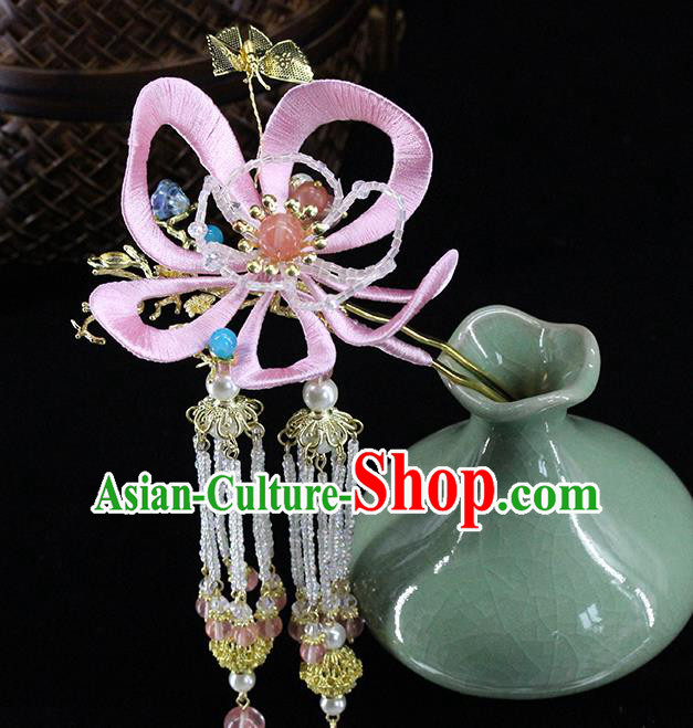 Traditional Chinese Handmade Pink Flower Tassel Hairpin Headdress Ancient Hanfu Hair Accessories for Women
