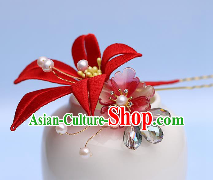 Traditional Chinese Handmade Red Silk Flower Hairpin Headdress Ancient Hanfu Hair Accessories for Women