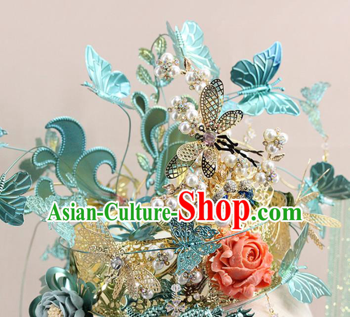 Traditional Chinese Blue Butterfly Phoenix Coronet Hairpins Headdress Ancient Wedding Hair Accessories for Women