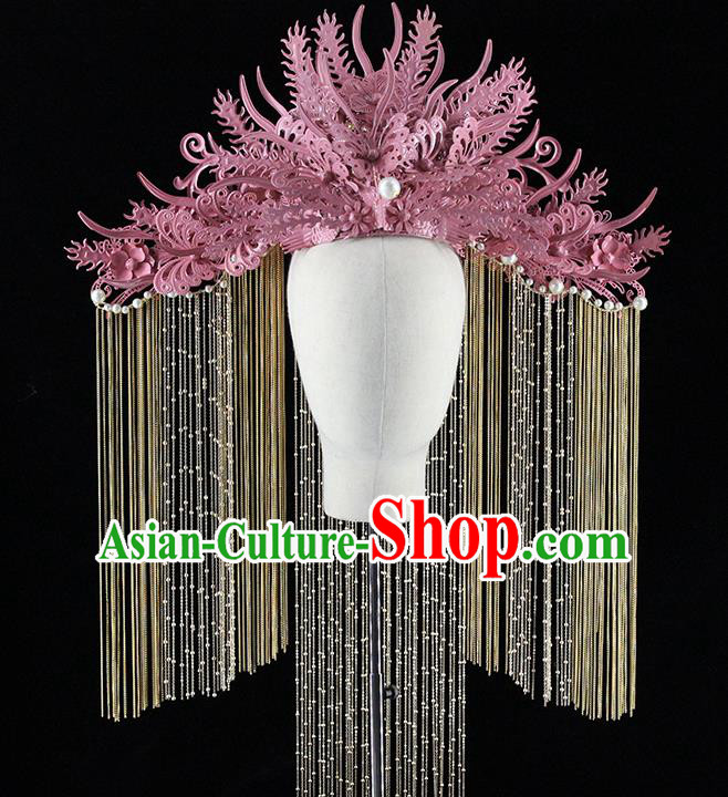 Traditional Chinese Pink Butterfly Phoenix Coronet Hairpins Headdress Ancient Wedding Hair Accessories for Women