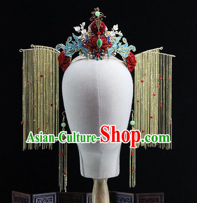 Traditional Chinese Red Jade Phoenix Coronet Hairpins Headdress Ancient Wedding Hair Accessories for Women