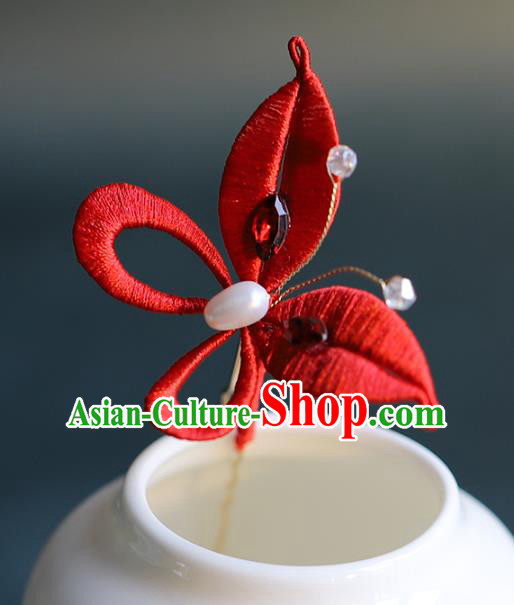 Traditional Chinese Handmade Red Silk Butterfly Hairpin Headdress Ancient Hanfu Hair Accessories for Women
