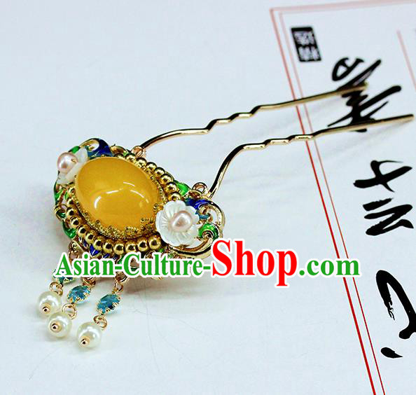 Traditional Chinese Handmade Yellow Chalcedony Hairpin Headdress Ancient Hanfu Hair Accessories for Women