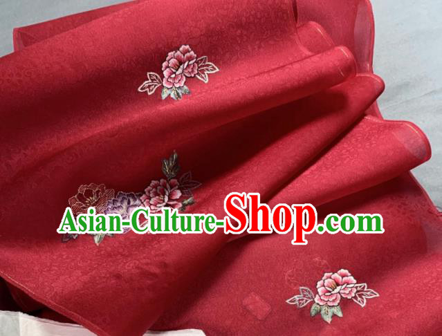 Chinese Traditional Classical Embroidered Peony Pattern Design Red Silk Fabric Asian Hanfu Material