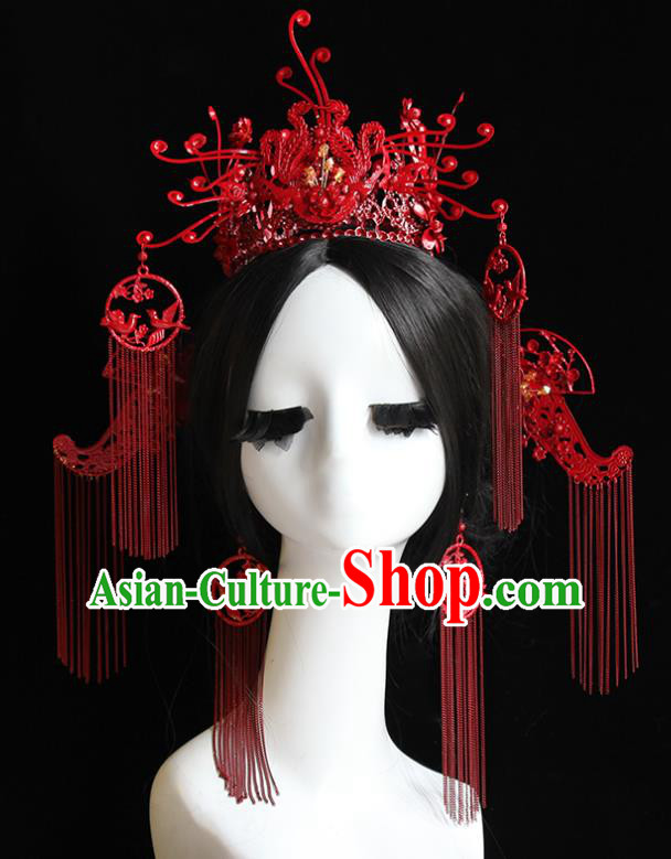 Traditional Chinese Bride Red Tassel Phoenix Coronet Headdress Ancient Wedding Hair Accessories for Women