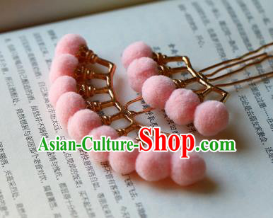 Traditional Chinese Ming Dynasty Pink Pompon Hairpins Headdress Ancient Court Hair Accessories for Women