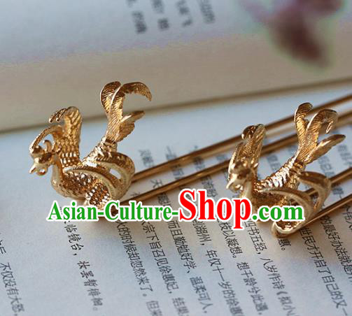 Traditional Chinese Ming Dynasty Golden Phoenix Hairpins Headdress Ancient Court Hair Accessories for Women
