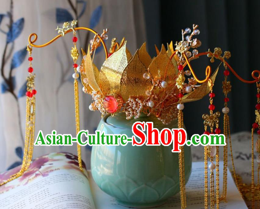 Traditional Chinese Tang Dynasty Golden Lotus Phoenix Coronet Headdress Ancient Wedding Hair Accessories for Women