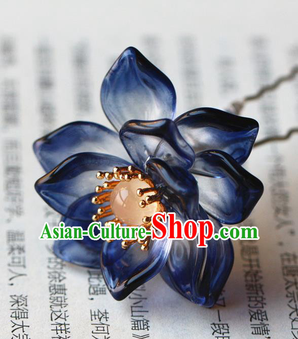 Traditional Chinese Tang Dynasty Blue Lotus Hairpins Headdress Ancient Court Hair Accessories for Women