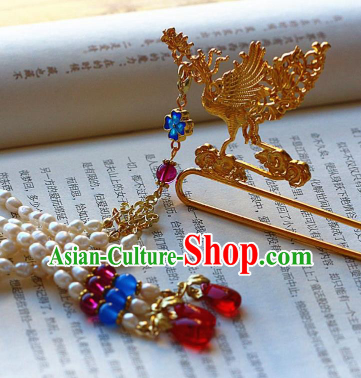 Traditional Chinese Tang Dynasty Pearls Tassel Phoenix Hairpins Headdress Ancient Court Hair Accessories for Women