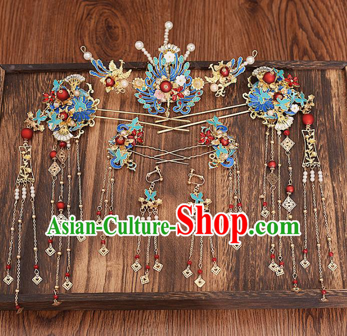Traditional Chinese Bride Cloisonne Phoenix Hair Comb Hairpins Headdress Ancient Wedding Hair Accessories for Women