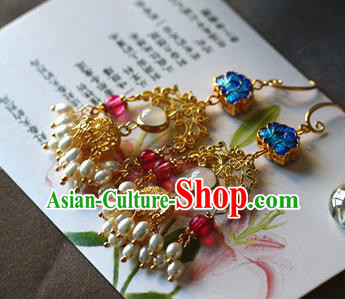Traditional Chinese Handmade Blueing Lotus Pearls Tassel Earrings Ancient Hanfu Ear Accessories for Women