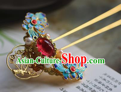 Traditional Chinese Palace Cloisonne Garnet Hairpin Headdress Ancient Court Hair Accessories for Women
