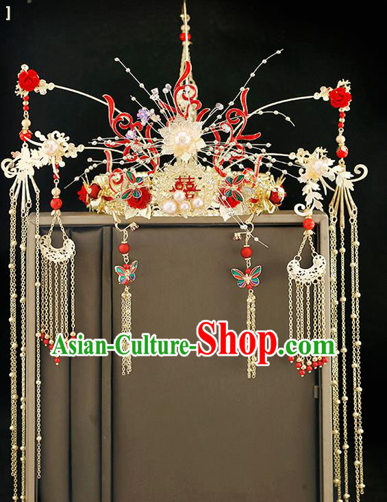 Traditional Chinese Bride Red Rose Phoenix Coronet Headdress Ancient Wedding Hair Accessories for Women