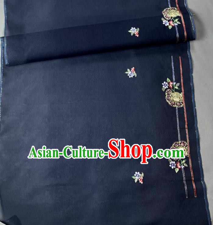 Chinese Traditional Embroidered Pattern Design Navy Silk Fabric Asian Hanfu Material