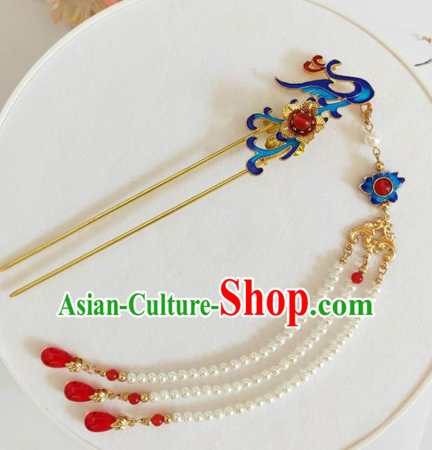 Traditional Chinese Qing Dynasty Cloisonne Phoenix Tassel Hairpin Headdress Ancient Court Hair Accessories for Women