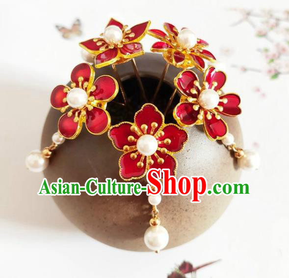 Traditional Chinese Little Red Plum Blossom Hairpins Headdress Ancient Court Hair Accessories for Women
