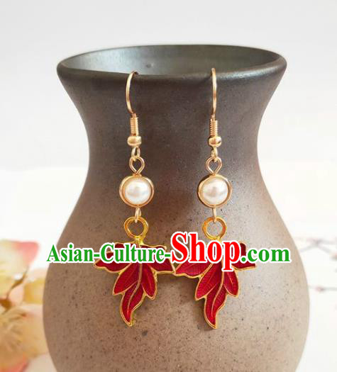 Traditional Chinese Handmade Red Maple Leaf Earrings Ancient Hanfu Ear Accessories for Women