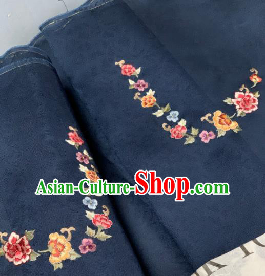 Chinese Traditional Embroidered Peony Pattern Design Navy Silk Fabric Asian Hanfu Material