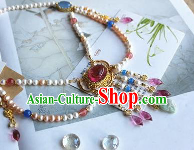 Traditional Chinese Handmade Garnet Necklace Ancient Hanfu Pearls Necklet Accessories for Women