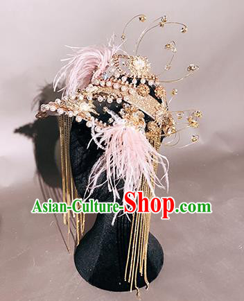 Traditional Chinese Stage Show Pink Feather Top Hat Headdress Handmade Catwalks Hair Accessories for Women