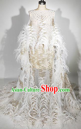 Top Grade Modern Dance White Feather Full Dress Catwalks Compere Costume for Women