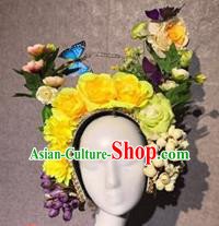 Traditional Chinese Stage Show Yellow Roses Hair Crown Headdress Handmade Catwalks Hair Accessories for Women
