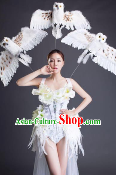 Top Grade Modern Dance White Lily Flowers Dress Catwalks Compere Costume for Women