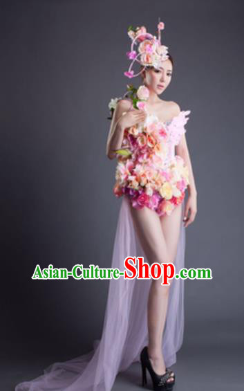 Top Grade Modern Dance Pink Feather Flowers Dress Catwalks Compere Costume for Women